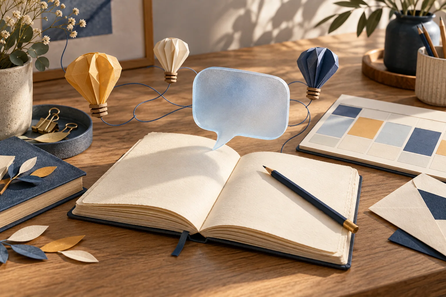 Un carnet, une bulle de dialogue bleue, un planning et des ampoules de papier reliés par un fil sur un bureau.