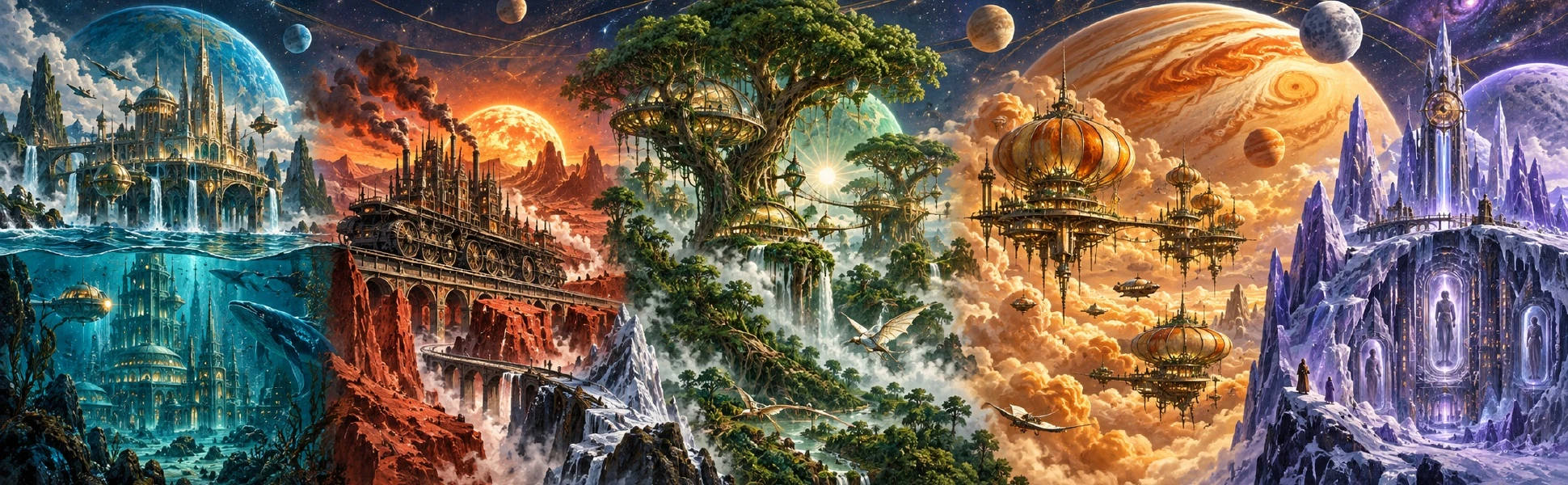 Cinq mondes : océan turquoise, désert cuivré, forêt verte, cités aériennes et glaces violettes.