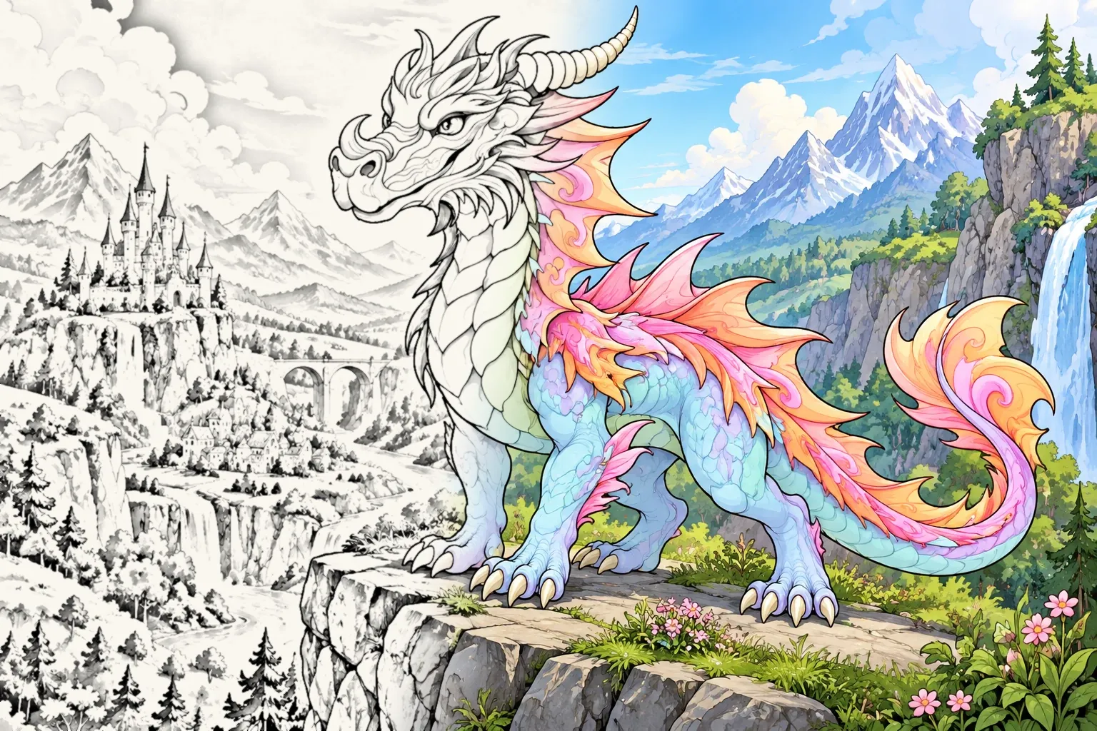 Le dragon pastel du livre Dragons, dessiné au crayon sur la gauche et entièrement colorié sur la droite, devant des montagnes et un château.