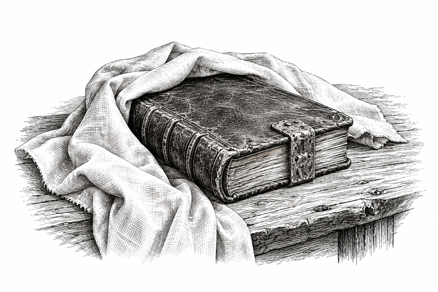 Gravure d’un vieux volume fermé, posé dans un linge sur une table de bois.