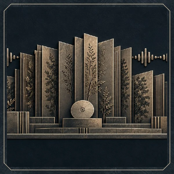 Gravure d’archives, d’un disque et d’ondes sonores sur un fond sombre.