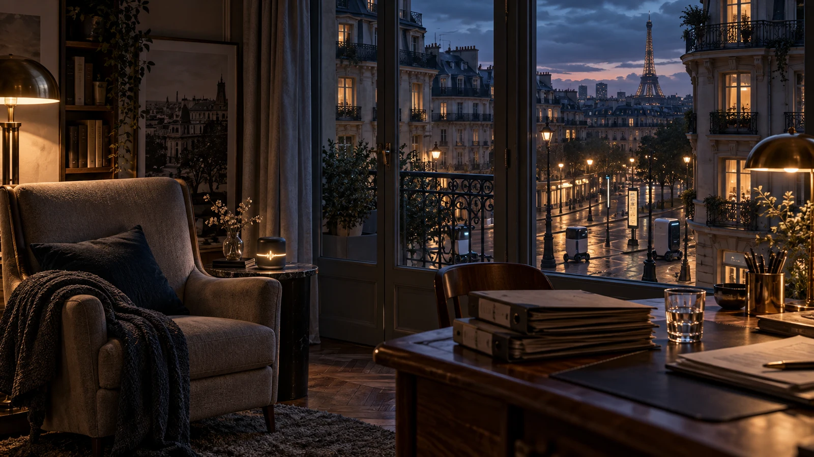 Un fauteuil vide, des archives et un petit assistant vocal dans un appartement parisien à la tombée du jour.