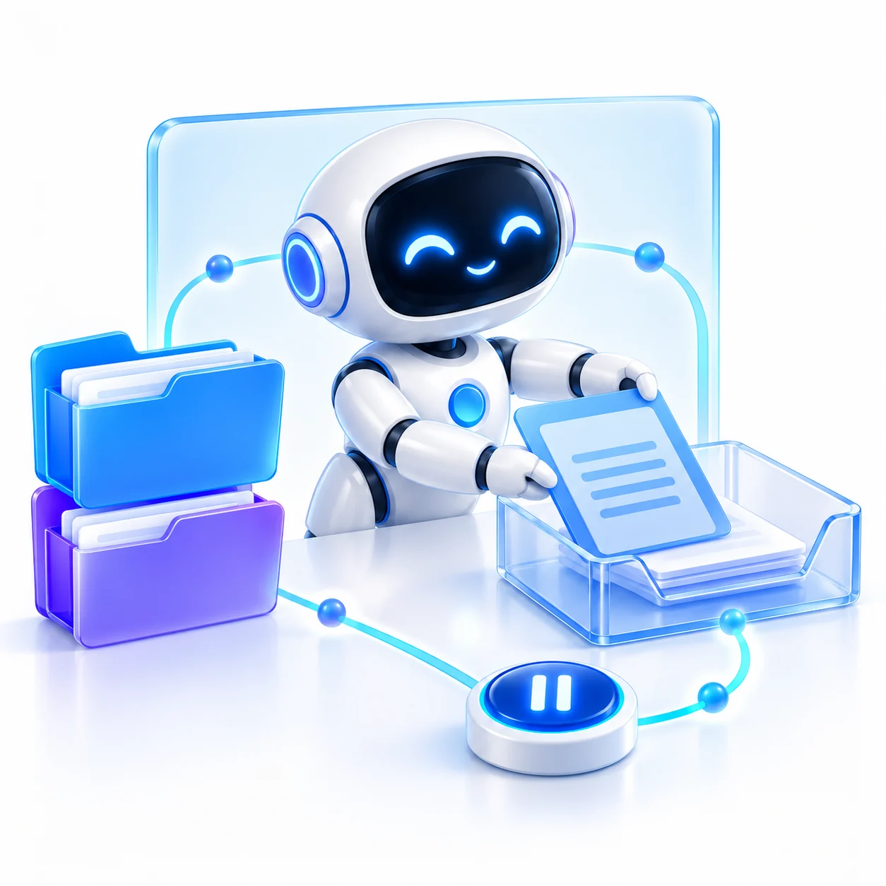 Un robot classe un document entre des dossiers et un bac, à côté d’une commande de pause.