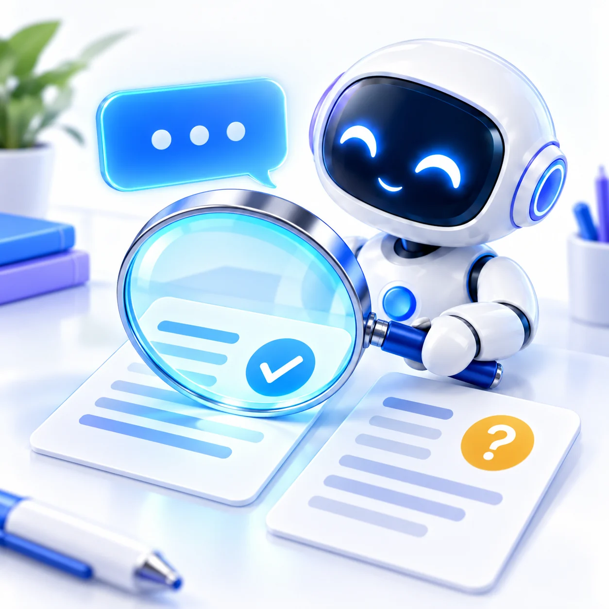 A robot examines two documents through a magnifying glass, beside a checkmark and a question mark.