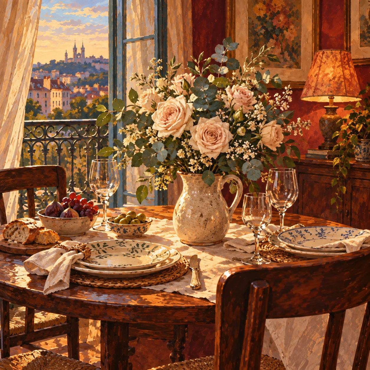 Roses in a stoneware pitcher on a birthday table.