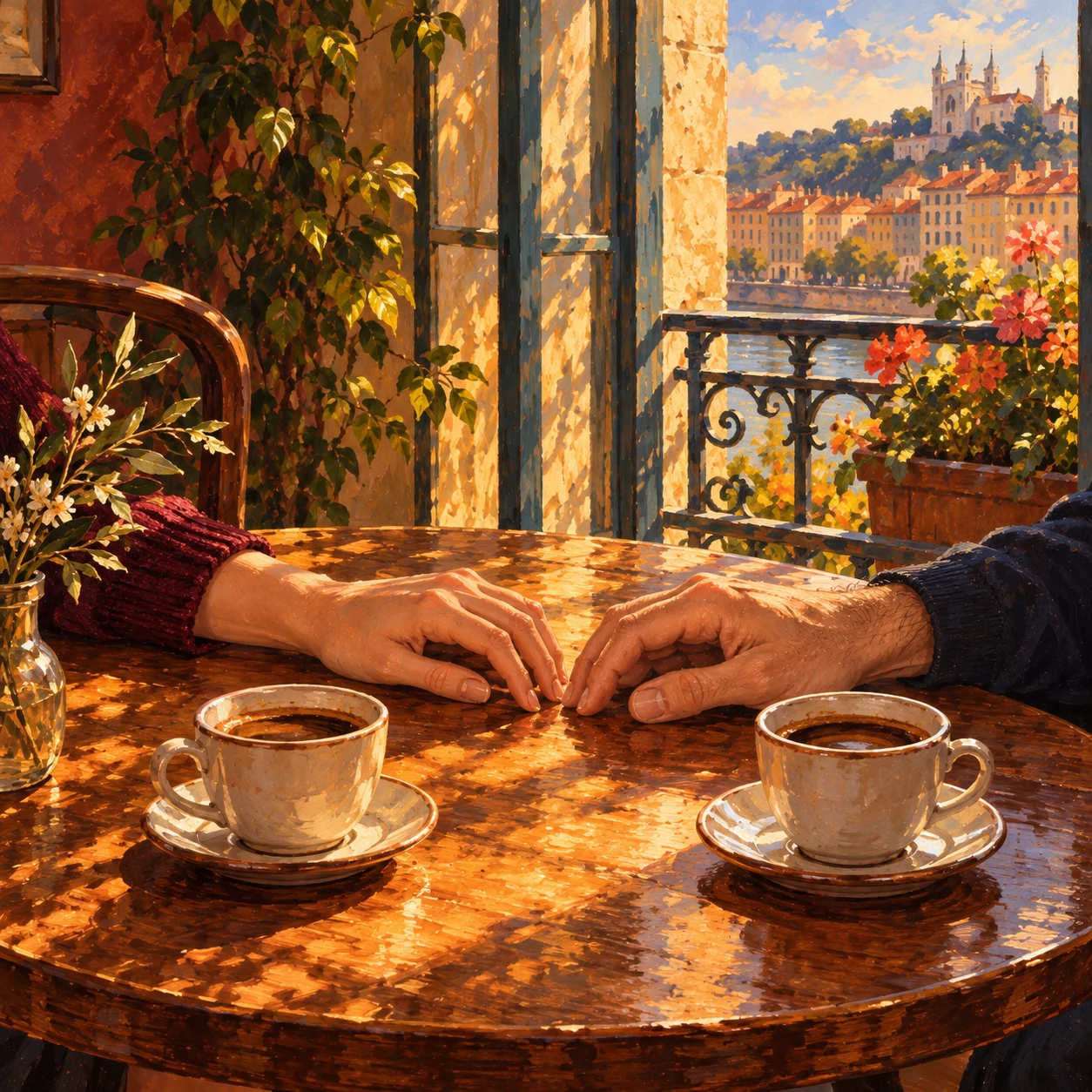 Two hands near each other between two coffee cups.