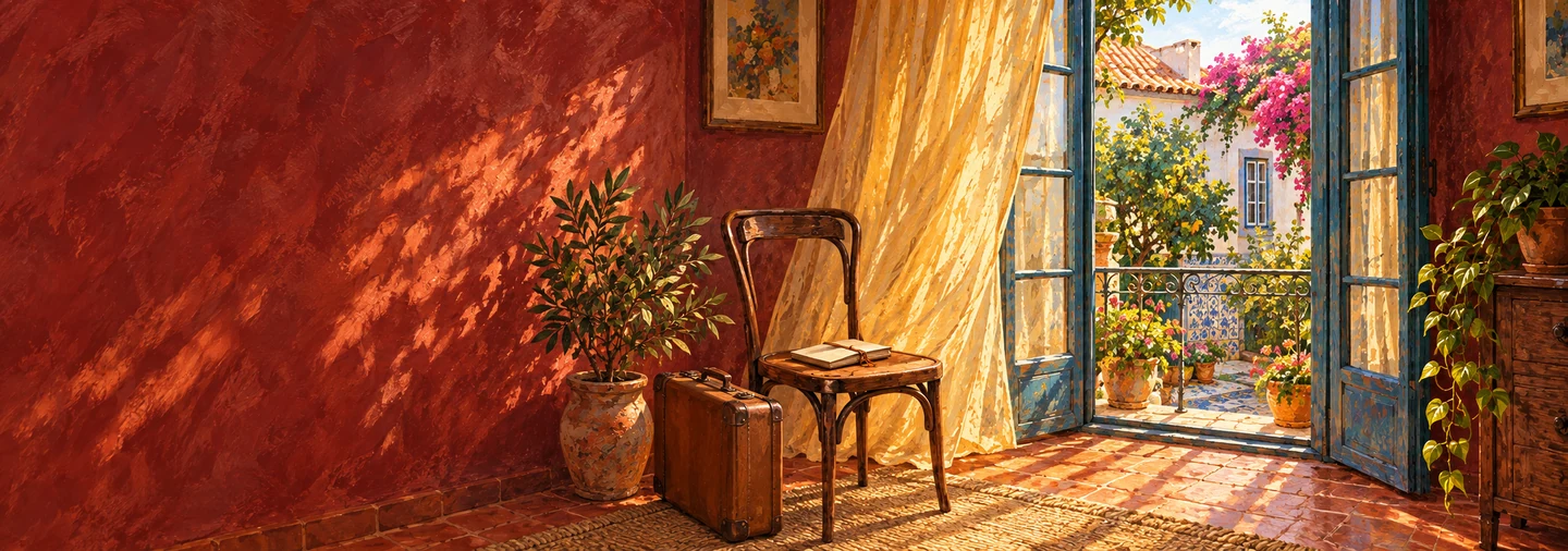 A suitcase and a chair beside a blue window opening onto a courtyard.