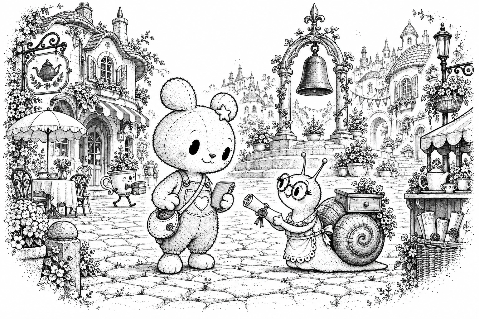 Miette reçoit son mandat de Pétronille, la greffière escargote, sur la place de Pompon-les-Bains.