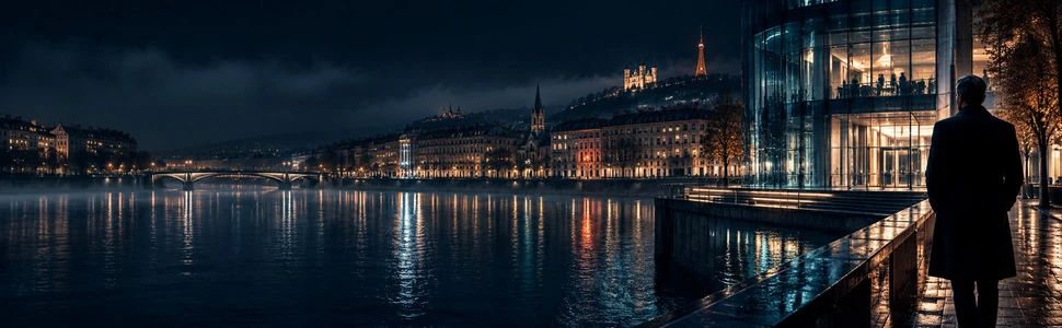 Un homme de dos sur les quais, face à une banque vitrée et aux lumières de Lyon.