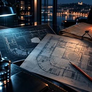 Deux plans d’architecture, un dossier ancien et un crayon sur un bureau.