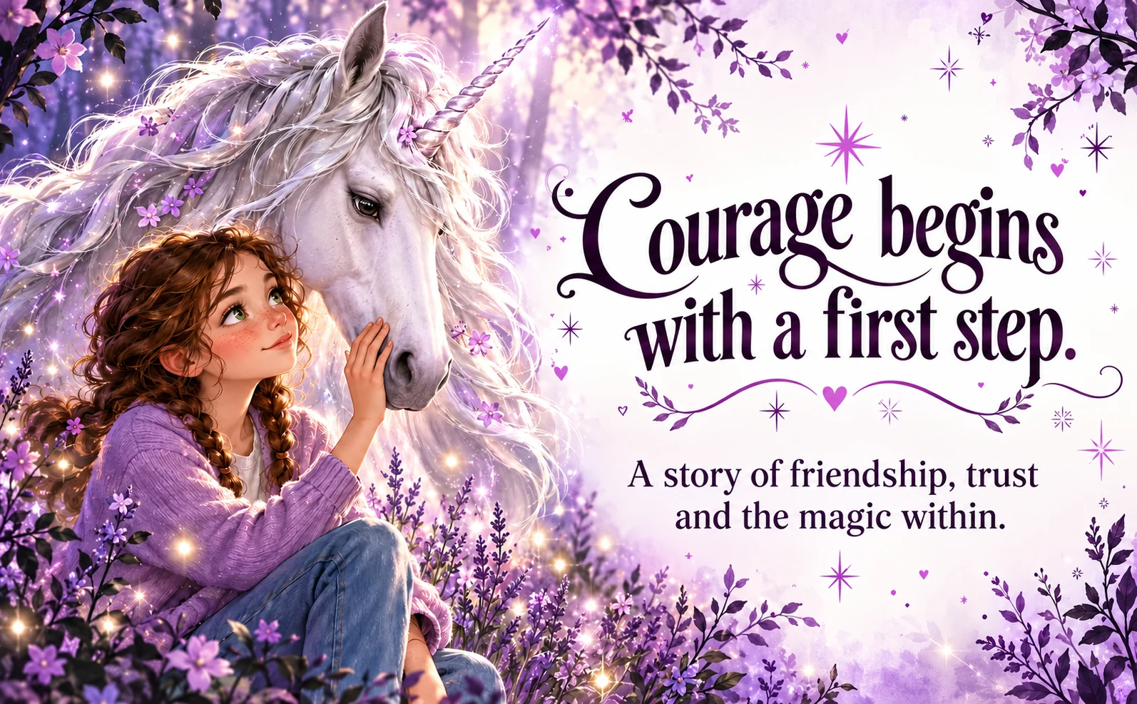 Louise stroking Jade’s muzzle in a purple clearing; English presentation artwork.