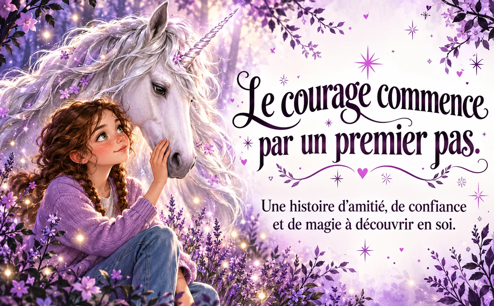 Louise caresse le museau de Jade dans une clairière mauve. Le courage commence par un premier pas.