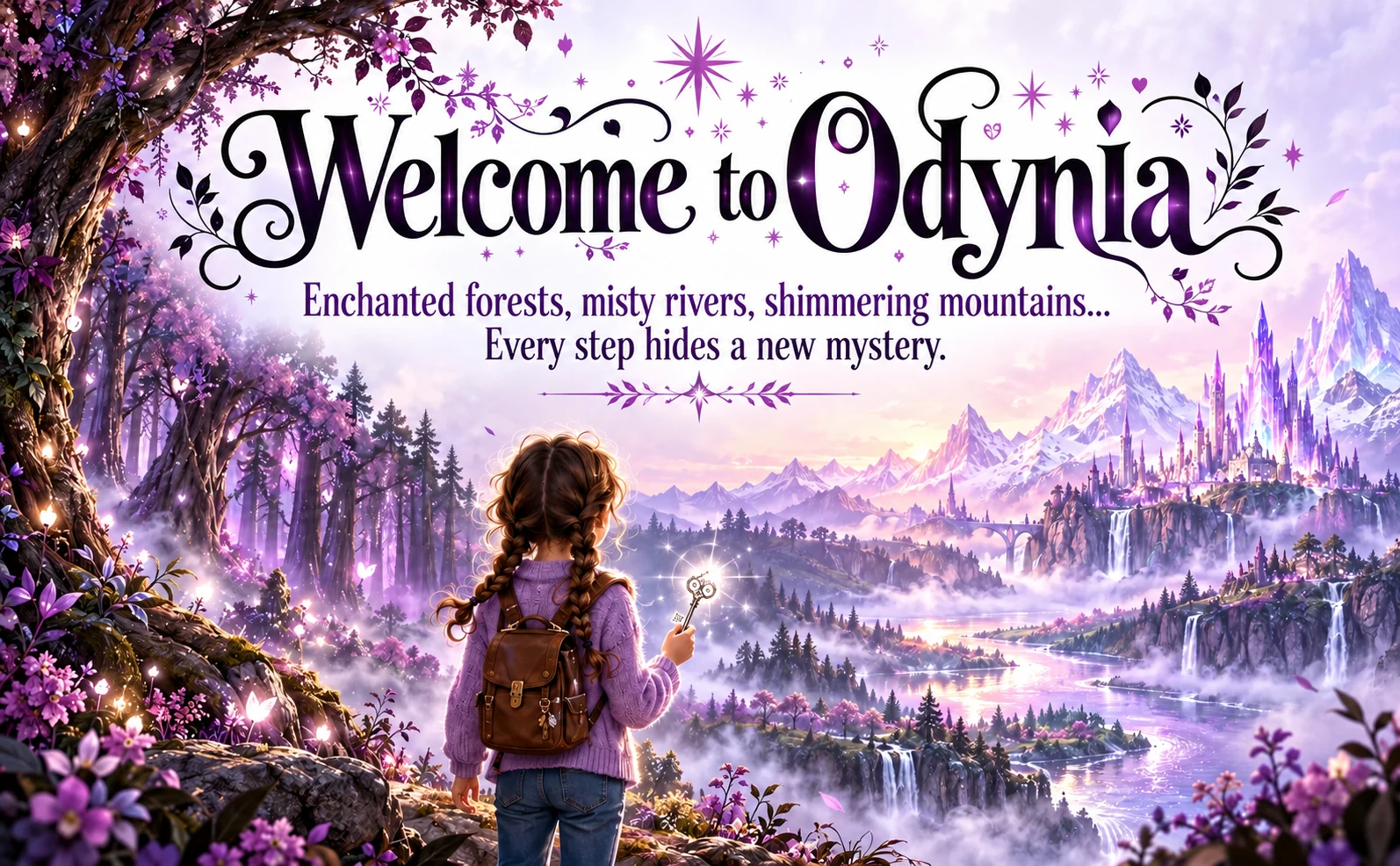 Louise holding a silver key before an enchanted forest, misty river and shimmering mountains; English presentation artwork.