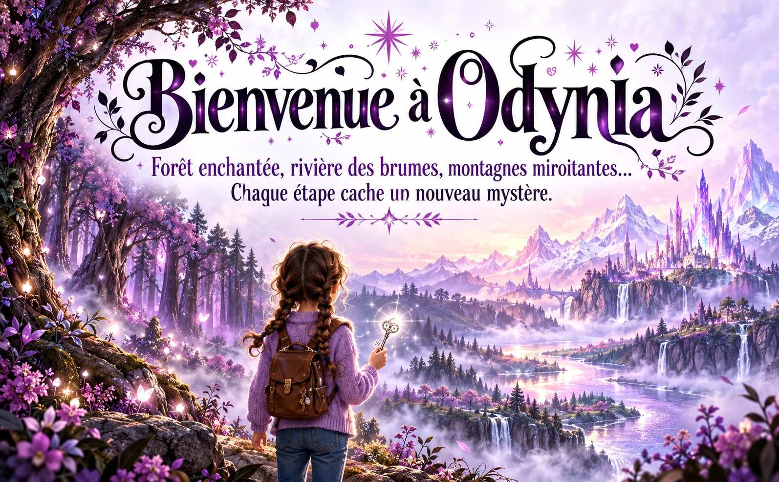 Bienvenue à Odynia : Louise tient une clé d’argent devant une forêt enchantée, une rivière de brume et des montagnes scintillantes.