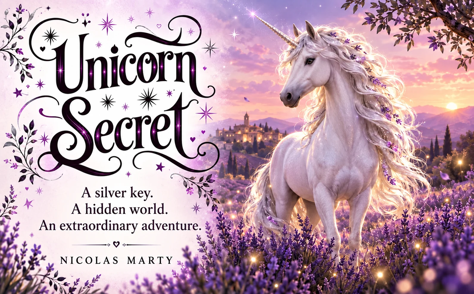 Jade, a white unicorn with a silver mane, in lavender fields at dusk; English presentation artwork for Unicorn Secret.