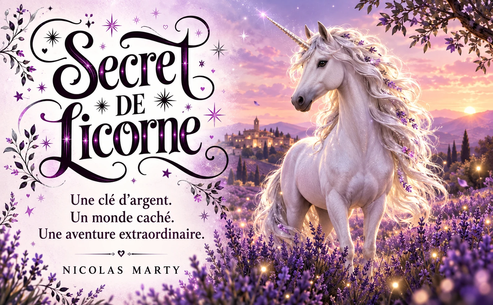 Secret de Licorne : Jade, licorne blanche à la crinière argentée, dans les lavandes au crépuscule. Une clé d’argent, un monde caché.