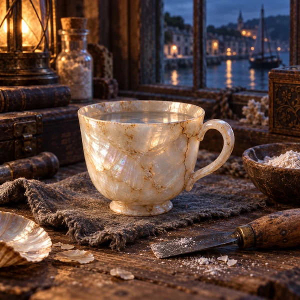 Tasse de nacre fêlée sur du feutre, avec un grattoir et de la poudre de coquille.