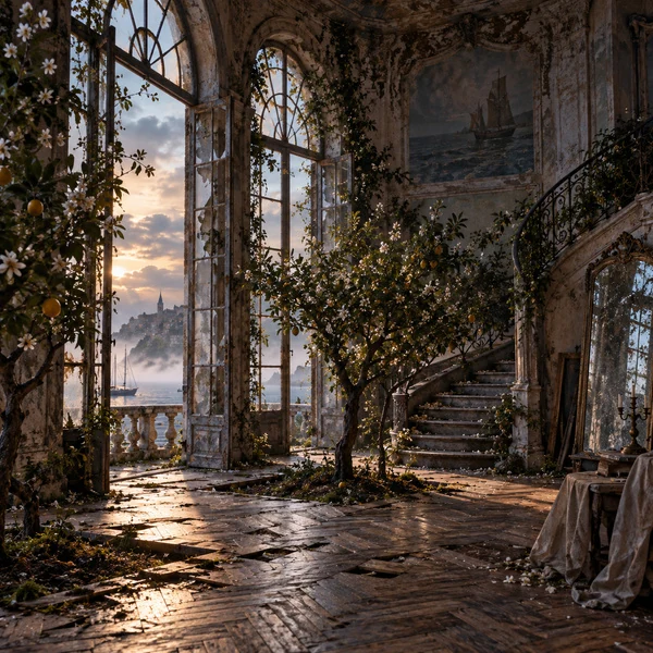 Arbres fruitiers dans une ancienne salle de bal, éclairée par de hautes fenêtres sur la mer.