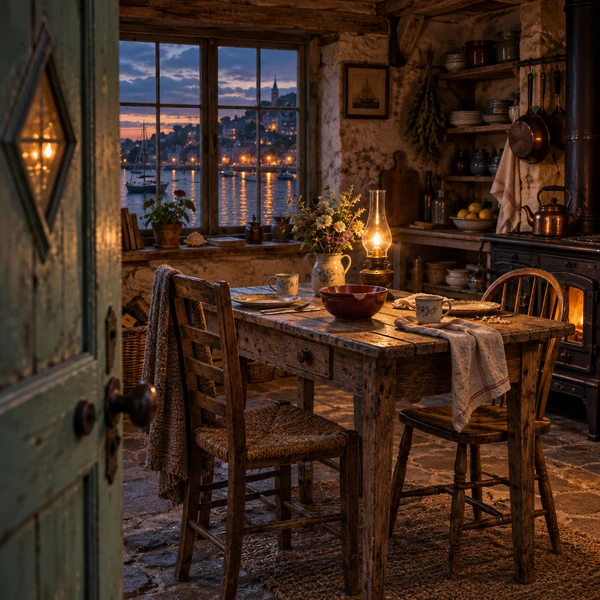 Cuisine chaleureuse derrière une porte verte, avec deux chaises et un bol rouge sur la table.