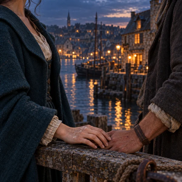 Les mains de deux adultes se touchent sur une rambarde, devant les lumières du port.