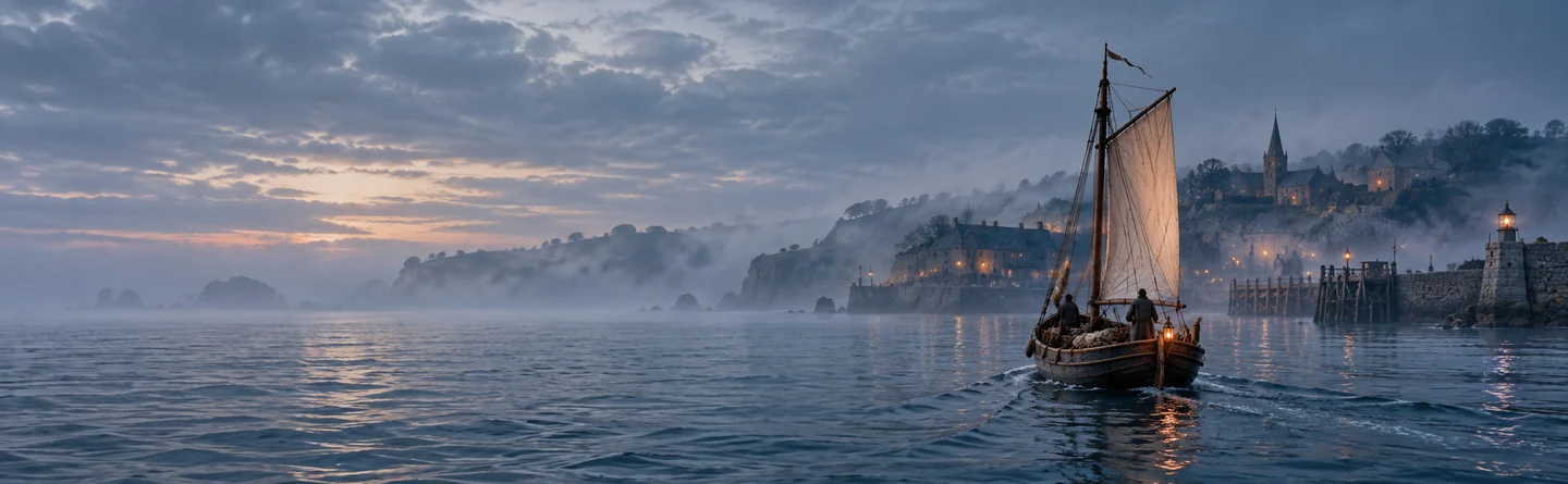 Voilier en bois traversant une mer brumeuse vers une côte et ses anciennes maisons.