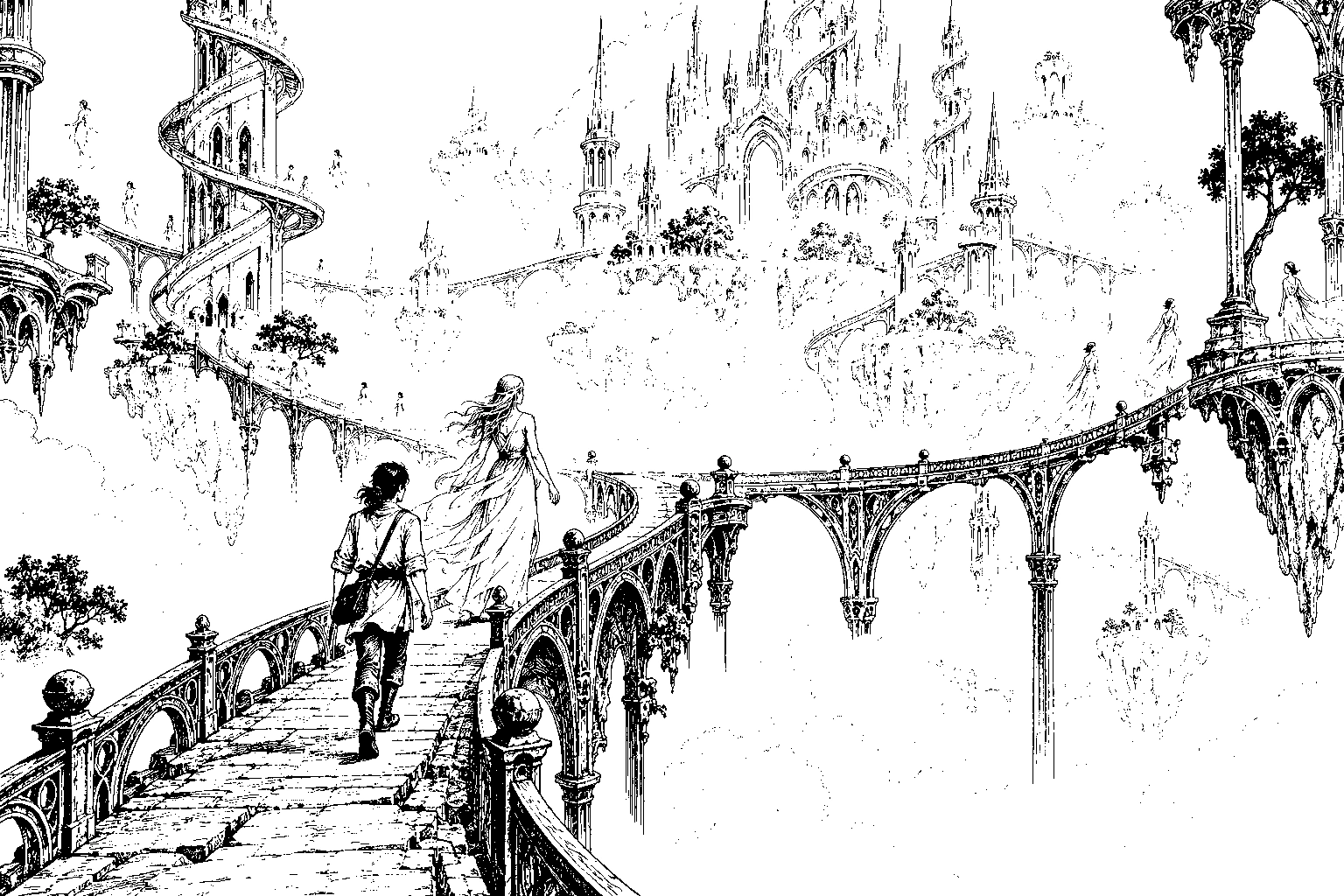 Gravure intérieure montrant Lyrian suivant Aria sur une passerelle de la Cité des Vents.