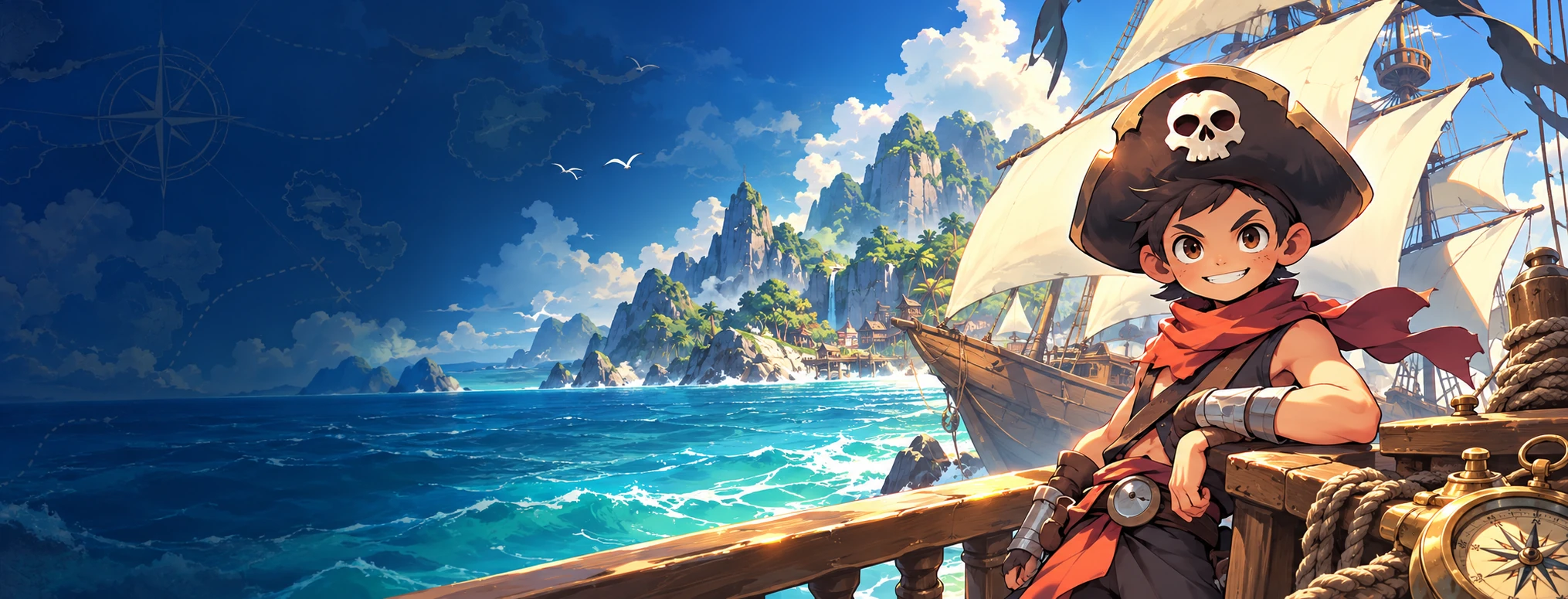 Raphaël, tricorne noir et foulard rouge, sur le pont d’un navire devant une île tropicale et une mer turquoise.