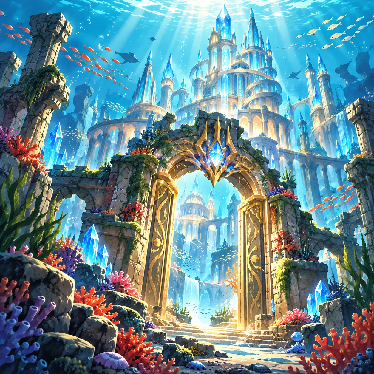 Une cité engloutie aux tours de cristal et aux arches dorées, entourée de coraux et de poissons.