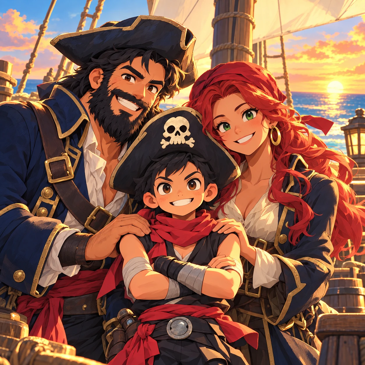 Raphaël entre Davy Jack, son père à la barbe noire, et Alvida, sa mère aux cheveux roux, sur le pont du navire.