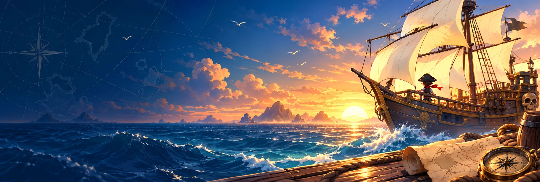 Un navire pirate aux voiles dorées prend le large sur une mer bleue au coucher du soleil.