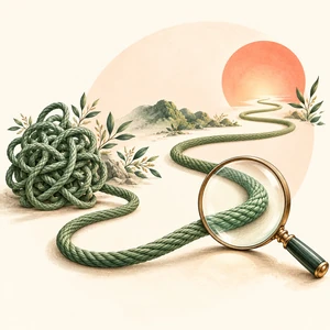 Une loupe accompagne une corde emmêlée qui se déploie vers un horizon clair.