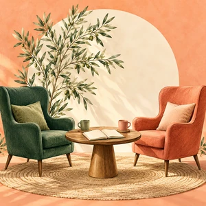 Deux fauteuils vert et corail se font face autour d’une table.