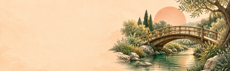 Un pont de bois traverse une rivière paisible dans un paysage aux teintes sauge et corail.