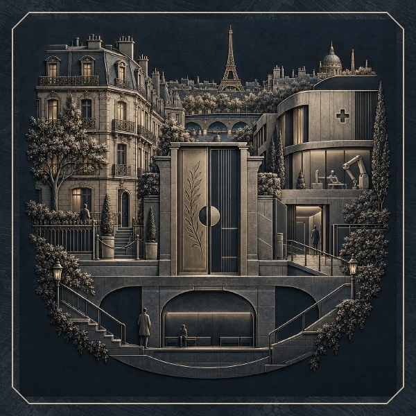 Champagne-colored futuristic city relief set within a geometric frame on dark alloy.