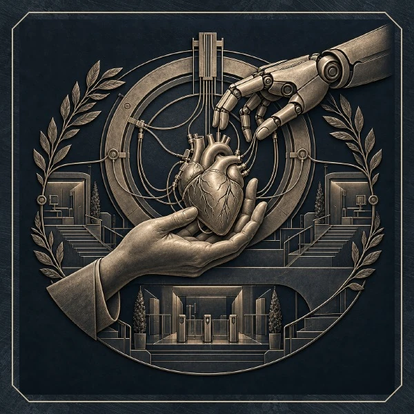 A human hand holds a metallic heart beneath a robotic hand, surrounded by architectural rings.