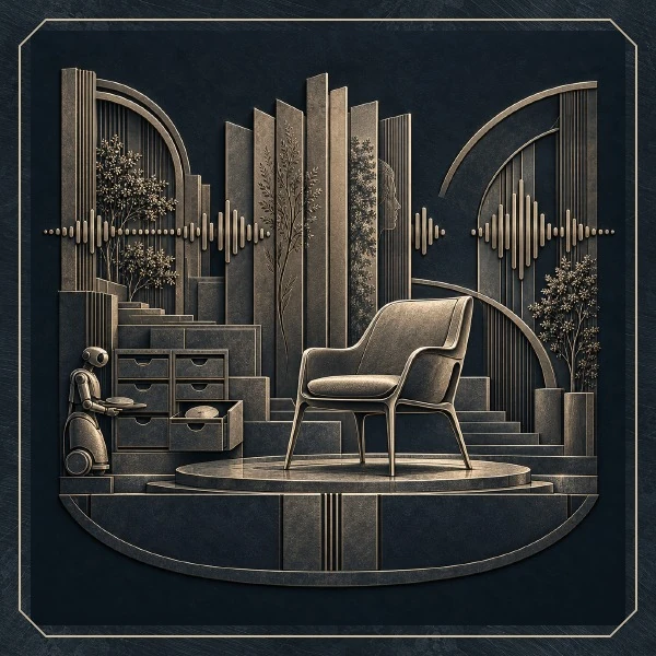 An empty chair, a service robot, archive drawers, and a sound wave in metallic relief.