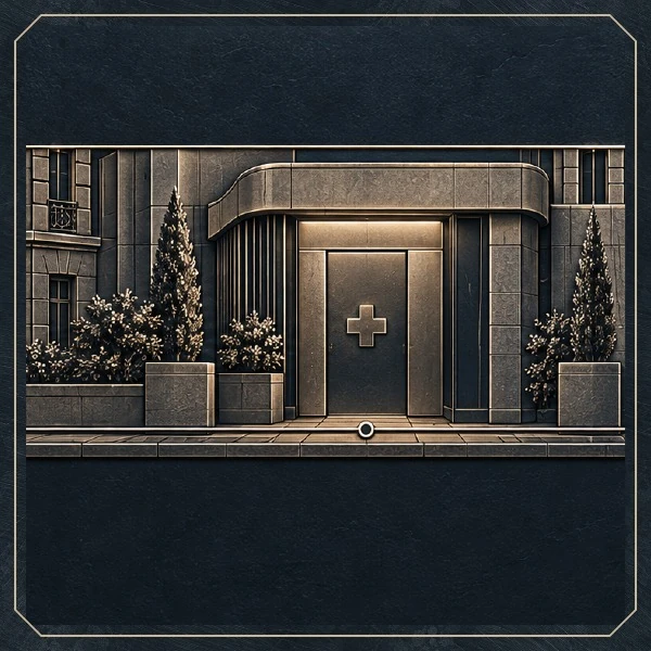Champagne-colored relief of a futuristic city and its automated infrastructure on dark metal.