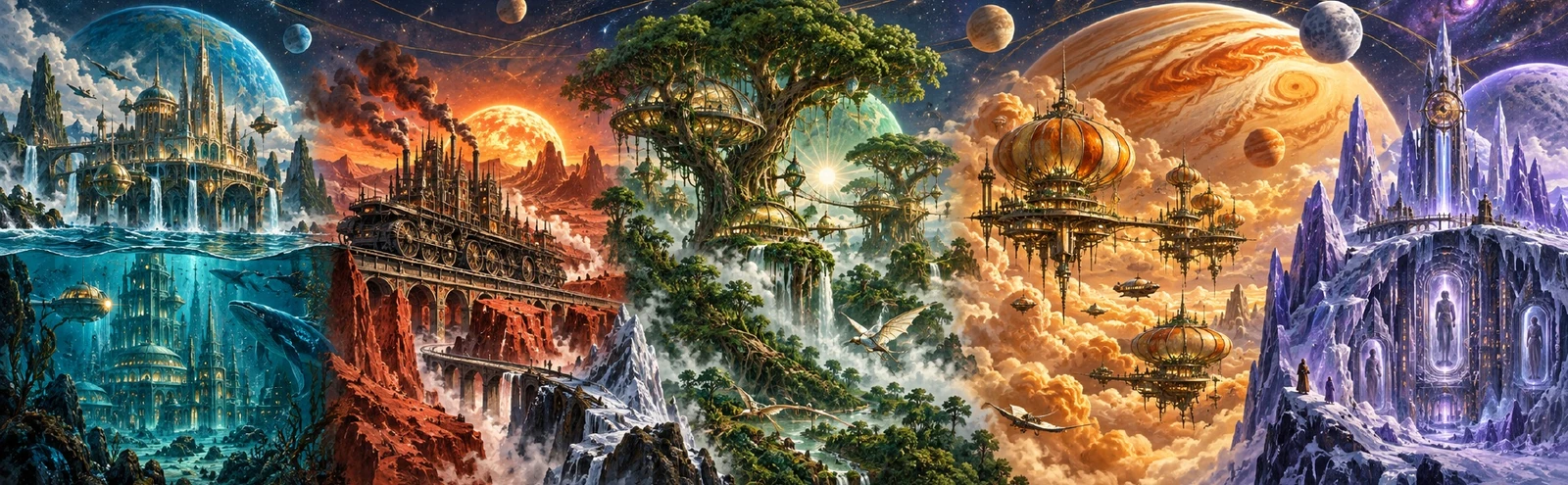 Five worlds: turquoise ocean, copper desert, green forest, airborne cities, and violet ice.
