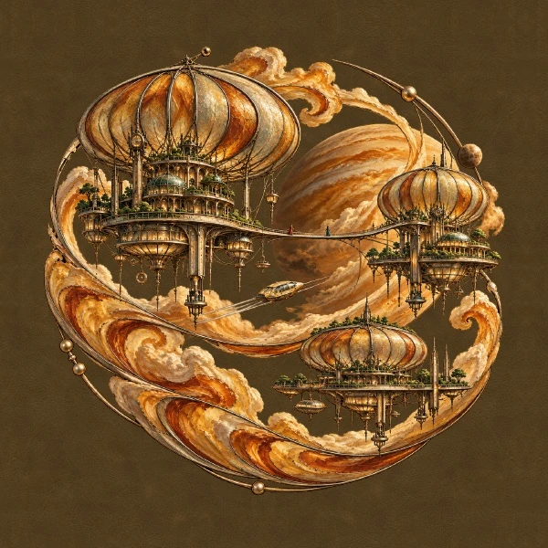 Amber and gold Aeral medallion showing balloon-borne cities floating among clouds.