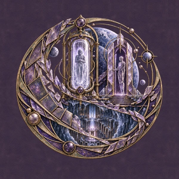 Violet and gold Iskar medallion with sleepers in capsules beneath arches of ice.