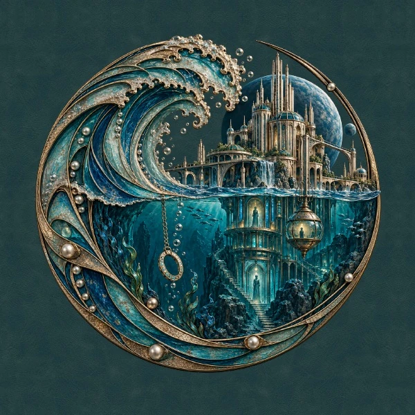 Gold Nacre medallion with a turquoise wave and a partly submerged city on a teal background.