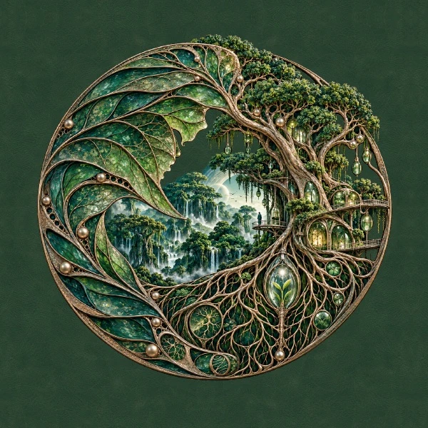 Green and gold Sylve medallion showing a huge tree, roots, and dwellings in the forest.