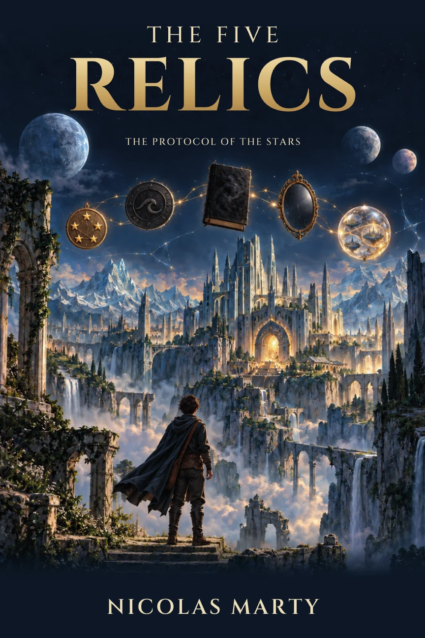 English edition cover of The Five Relics, by Nicolas Marty.