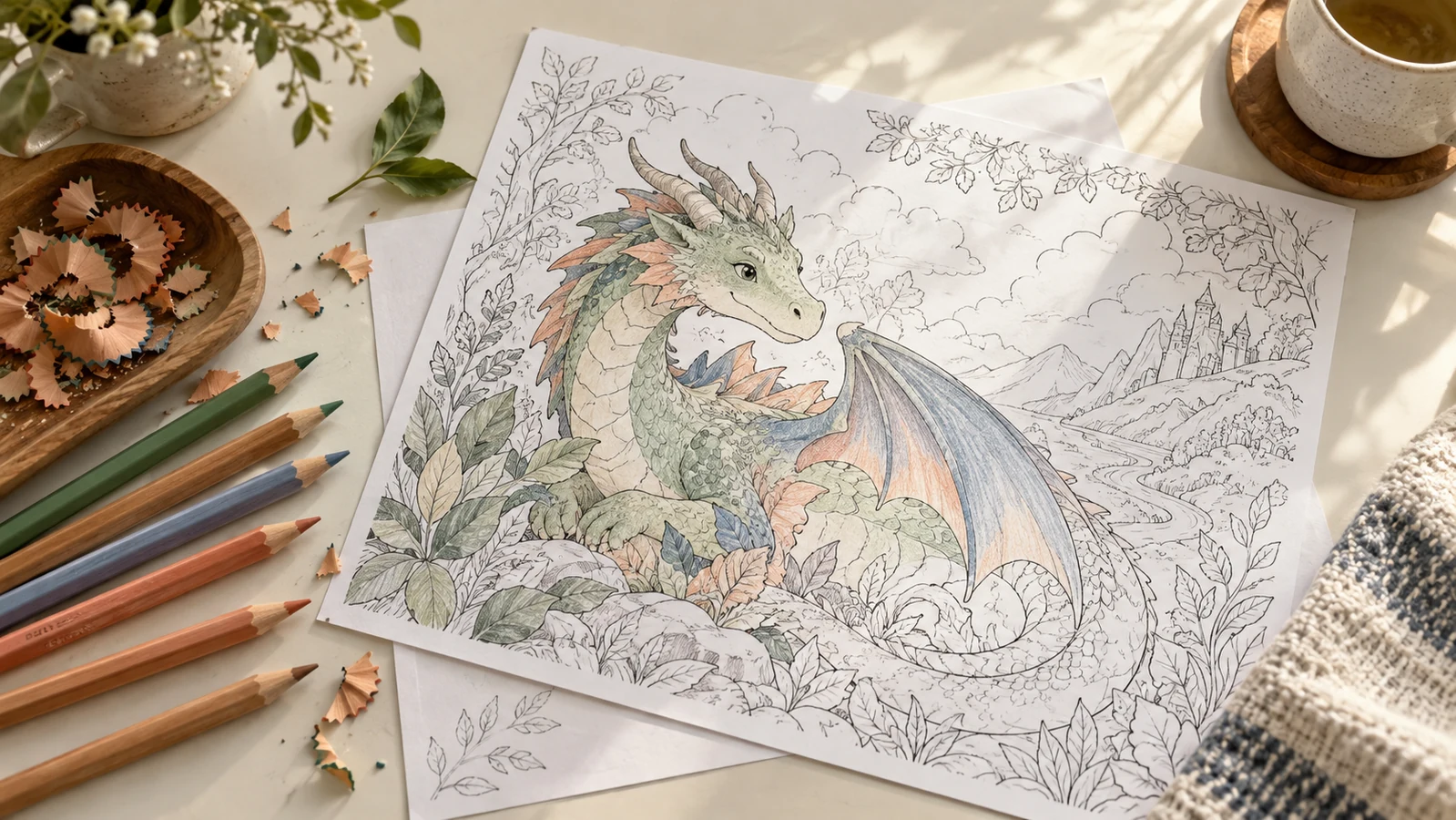 Un atelier de coloriage : un dragon partiellement colorié, des crayons et du papier sous une lumière douce.