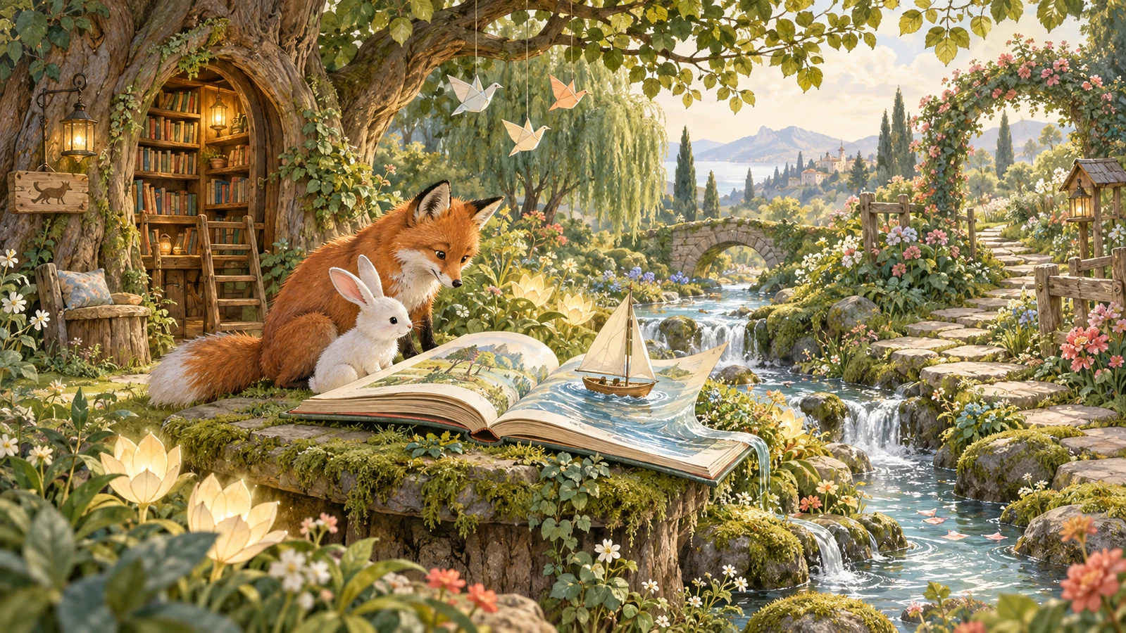 Un jardin de lecture imaginaire, avec une bibliothèque dans un arbre, un renard, un lapin et un bateau de papier.