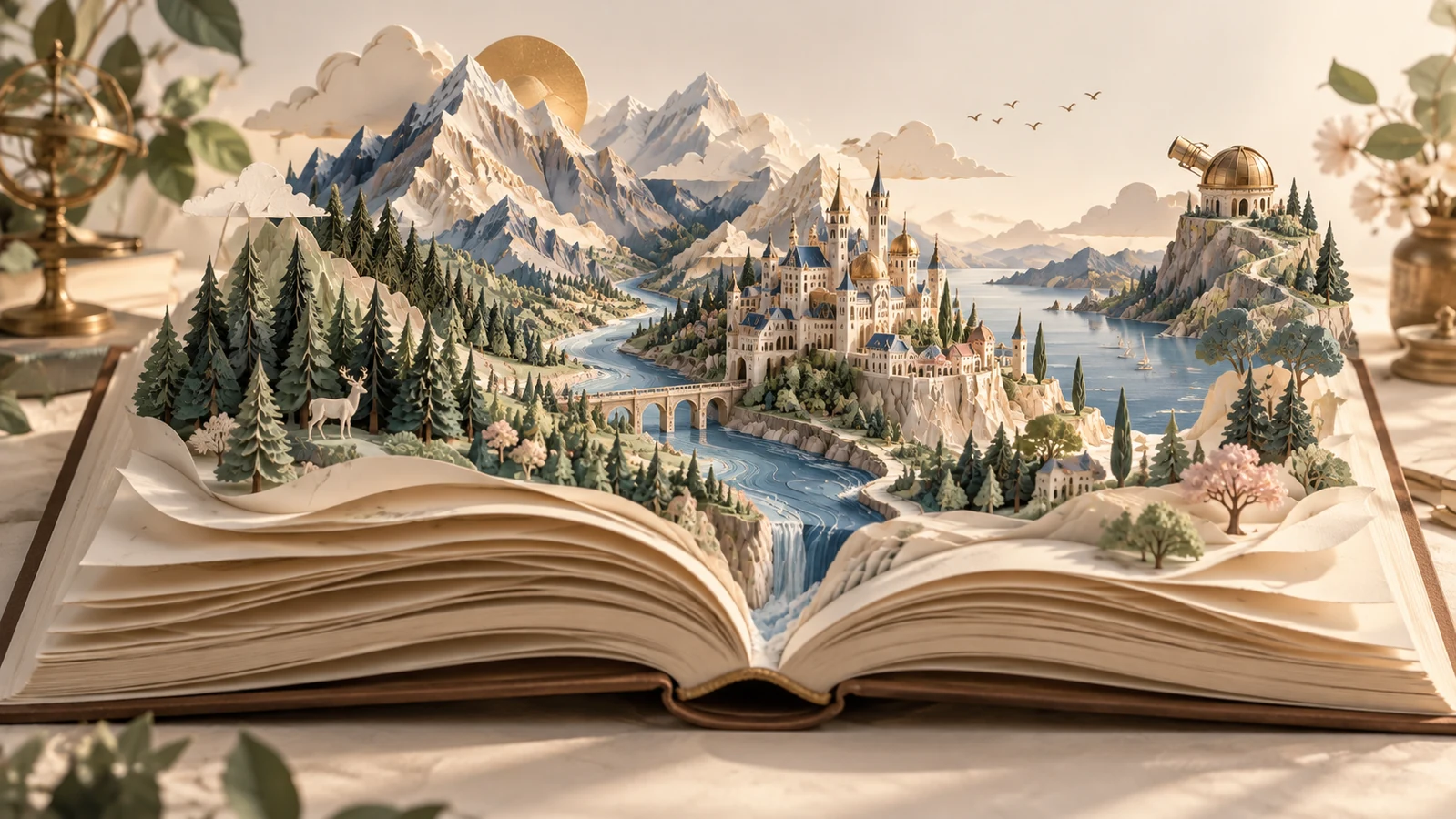 Un livre ouvert devient un paysage de papier : montagnes, rivière, cité et observatoire.