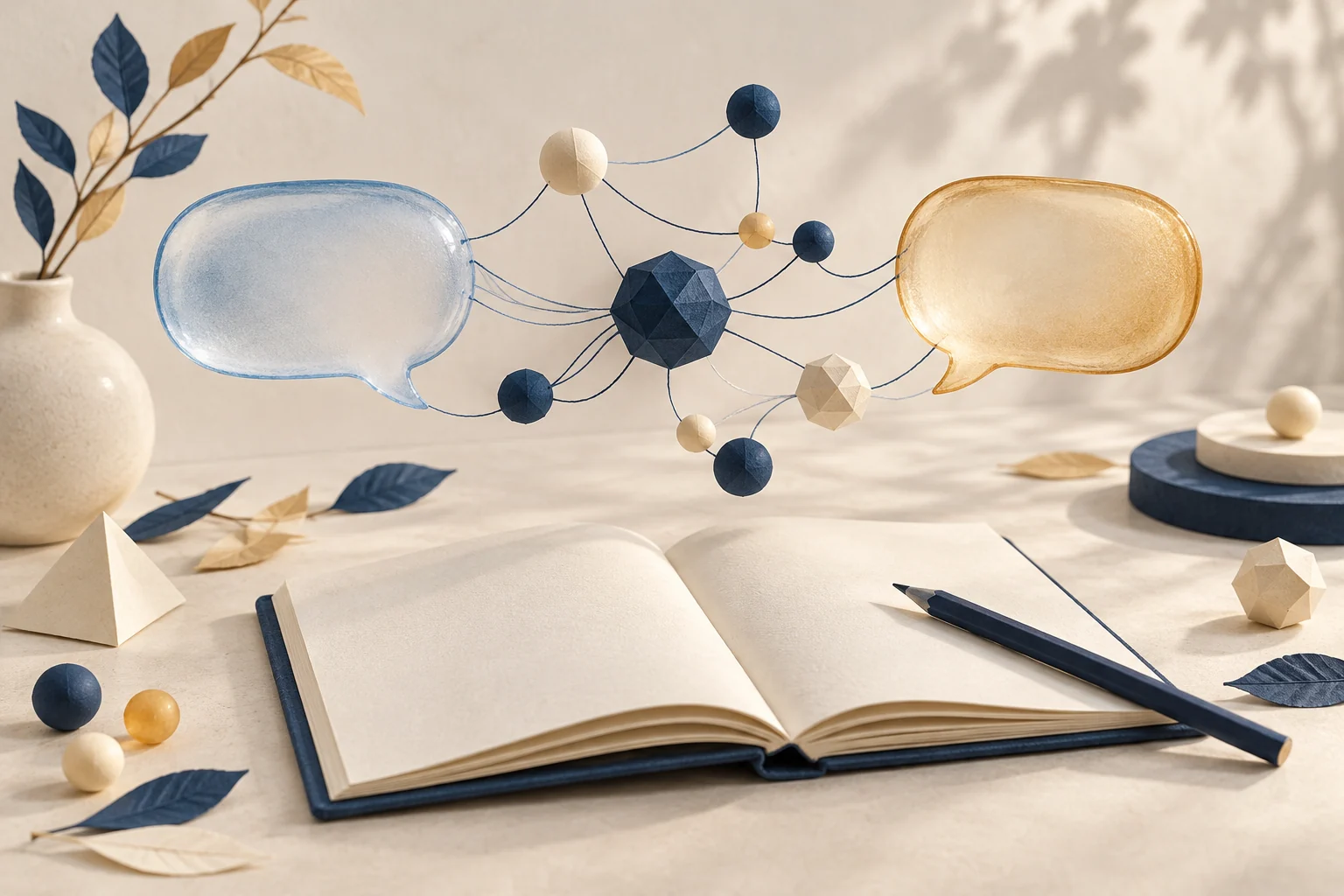 Deux bulles de dialogue en verre, bleue et dorée, reliées à des formes de papier au-dessus d’un carnet.