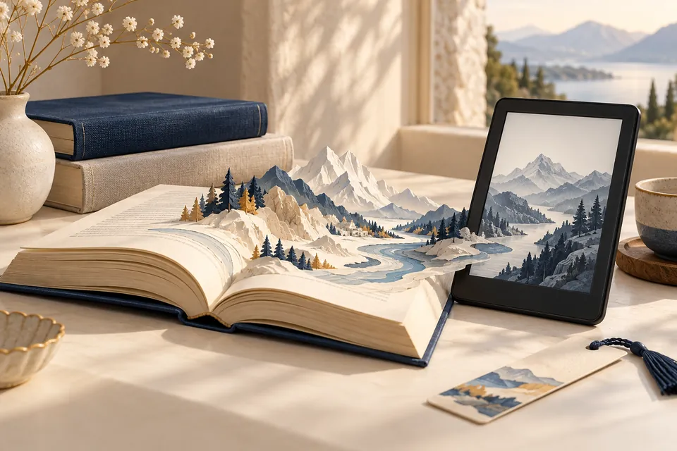Livre ouvert d’où surgit un paysage de montagnes en papier, à côté d’une liseuse affichant le même paysage.