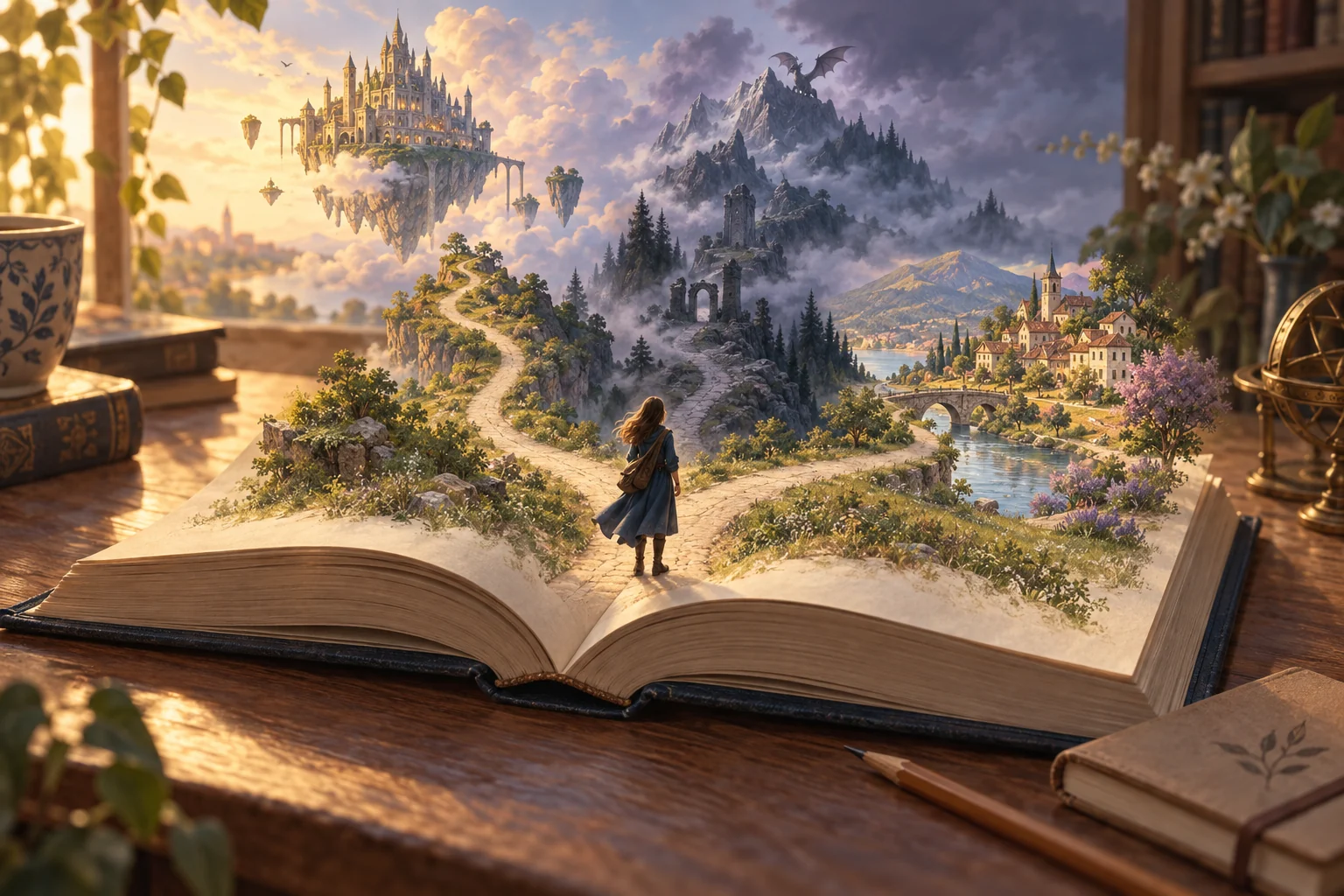 Un livre ouvert devient un paysage à trois chemins, entre cité flottante, montagne survolée par un dragon et village au bord de l’eau.