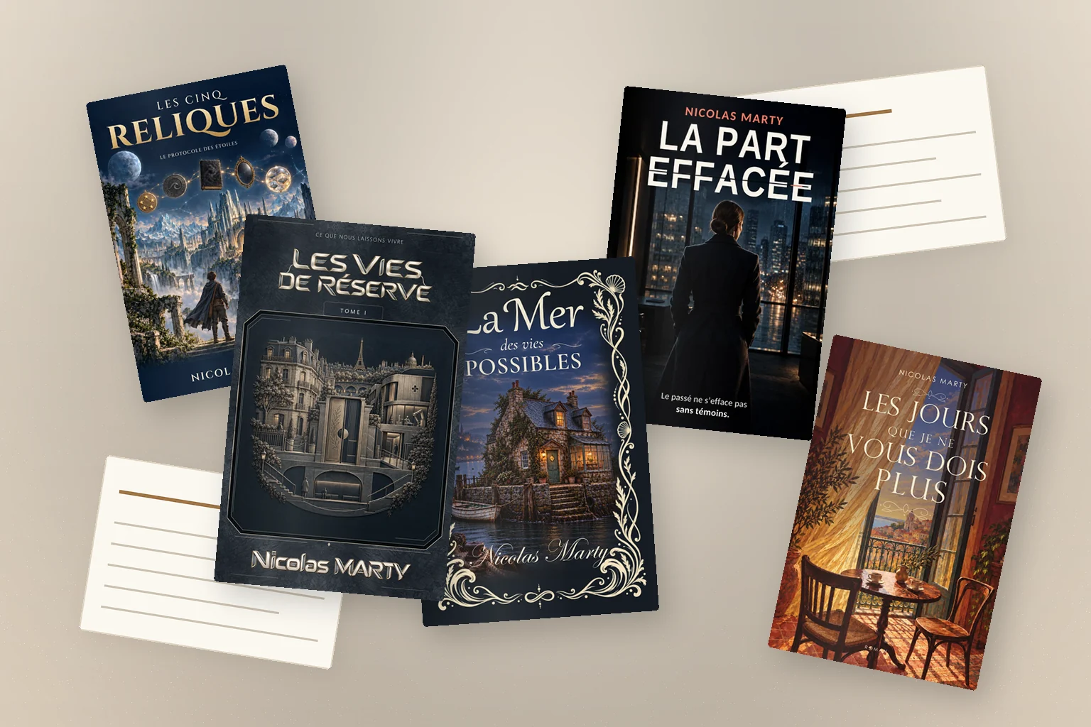 Cinq romans de Nicolas Marty posés sur une table, entourés de fiches de questions pour un club de lecture.